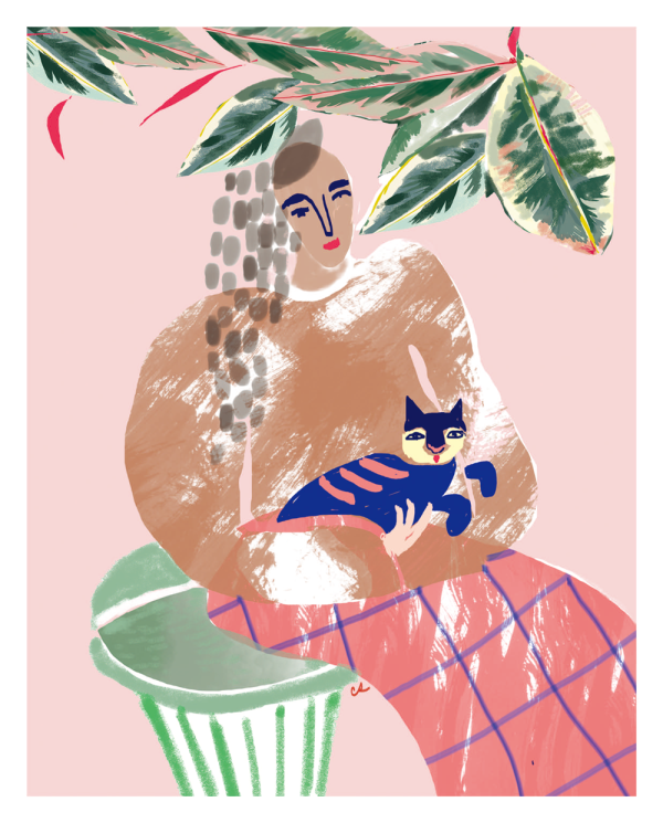 lady and cat art print Online